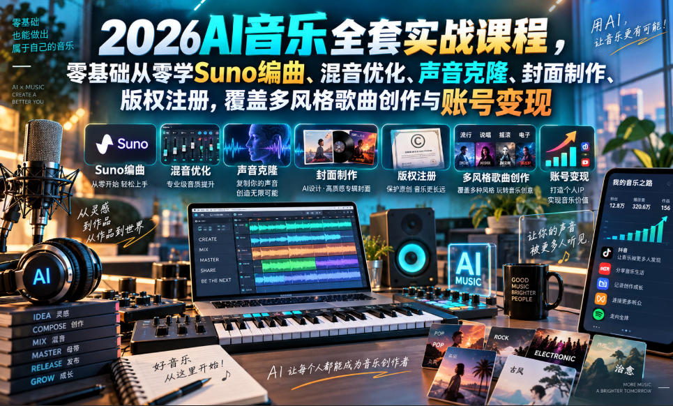 2026AI音乐实战课程，零基础从零学Suno编曲、混音优化、声音克隆、版权注册，覆盖多风格歌曲创作与账号变现-985网创