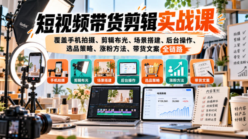 短视频带货剪辑实战课，覆盖手机拍摄、剪辑布光、场景搭建、后台操作、选品策略、涨粉方法、带货文案全链路-985网创