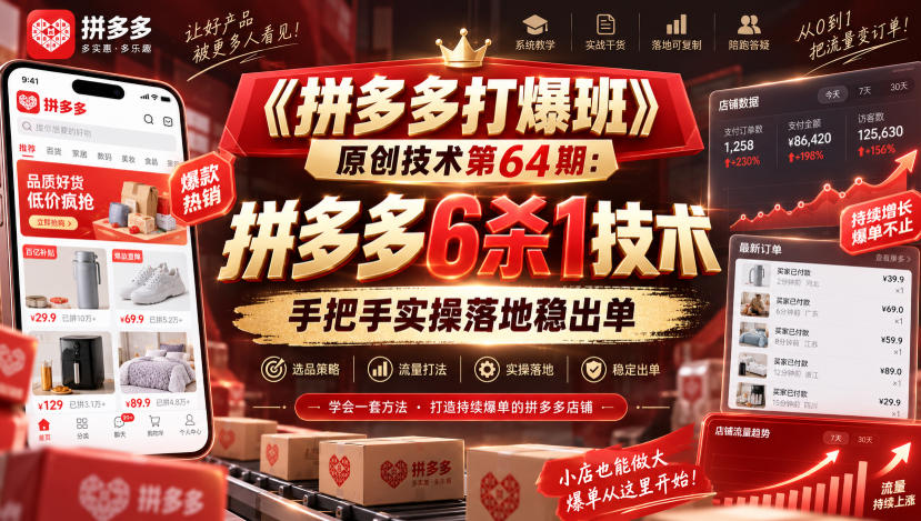 《拼多多打爆班》原创技术第64期：拼多多6杀1技术，手把手实操落地稳出单-985网创