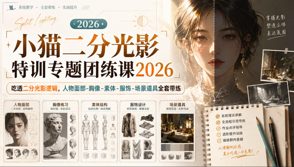 小猫二分光影特训专题团练课2026｜吃透二分光影逻辑，人物面部‑胸像‑素体‑服饰‑场景道具全套带练，高清画质附赠课件与笔刷-985网创