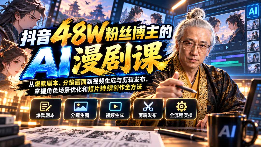 抖音48W粉丝博主的AI漫剧课：从爆款剧本、分镜画面到视频生成与剪辑发布，掌握角色场景优化和短片持续创作全方法-985网创