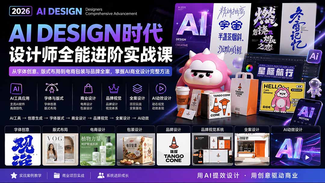 2026AI DESIGN时代设计师全能进阶实战课：从字体创意、版式布局到电商包装与品牌全案，掌握AI商业设计完整方法-985网创