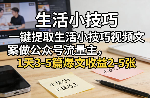 一键提取生活小技巧视频文案做公众号流量主，1天3-5篇爆文收益2-5张-985网创