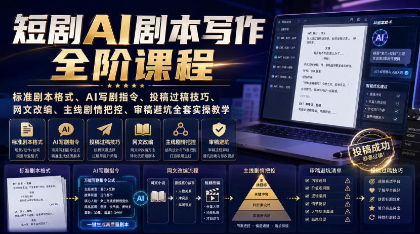 短剧AI剧本写作全阶课程｜标准剧本格式、AI写剧指令、投稿过稿技巧、网文改编、主线剧情把控、审稿避坑全套实操教学-985网创