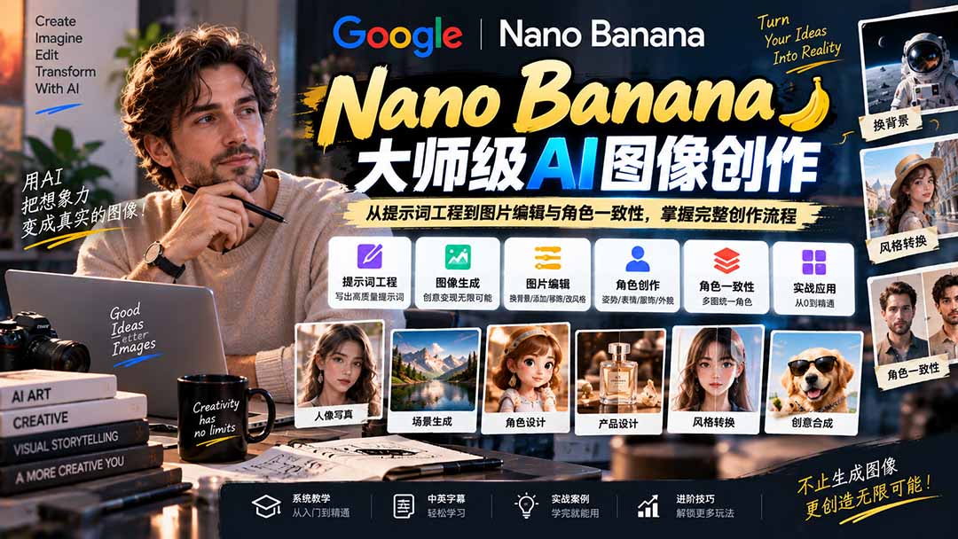 【无水印】Nano Banana大师级AI图像实战课：从提示词工程到图片编辑与角色一致性，掌握完整创作流程-985网创