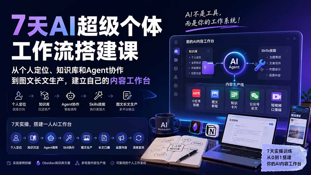 7天AI超级个体工作流搭建课：从个人定位、知识库和Agent协作到图文长文生产，建立自己的内容工作台-985网创