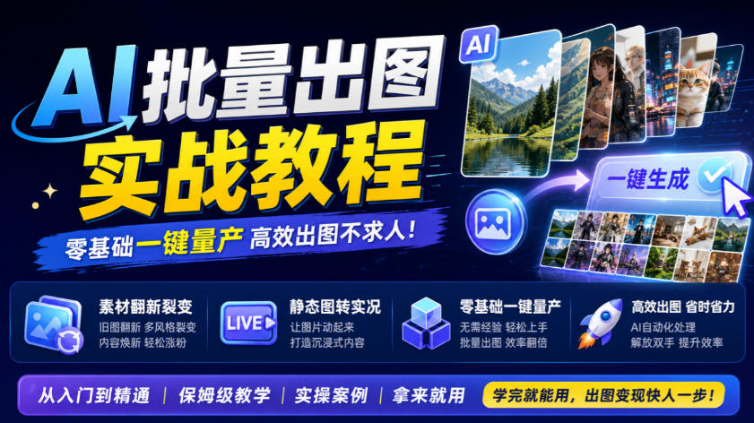AI批量出图实战教程，素材翻新裂变，静态图转实况，零基础一键量产-985网创
