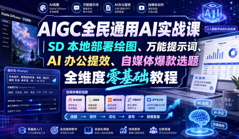AIGC全民通用AI实战课｜SD本地部署绘图、万能提示词、AI办公提效、自媒体爆款选题全维度零基础教程-985网创