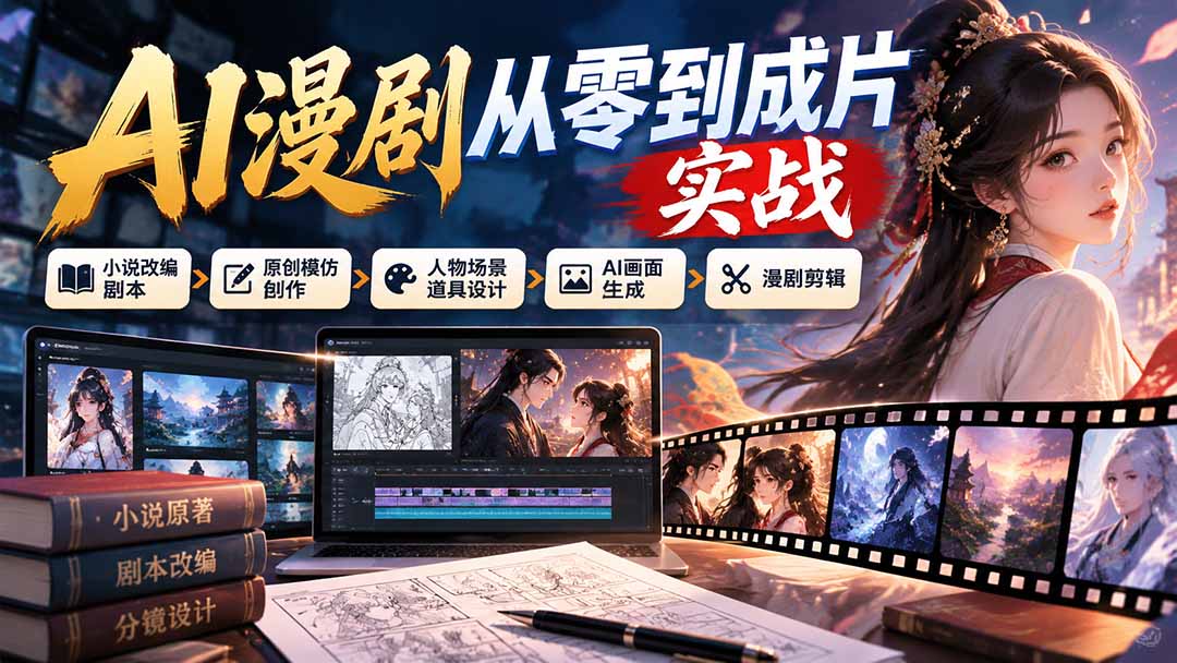 AI漫剧从零到成片实战：小说改编剧本、原创模仿创作、人物场景道具设计、AI画面生成与漫剧剪辑-985网创