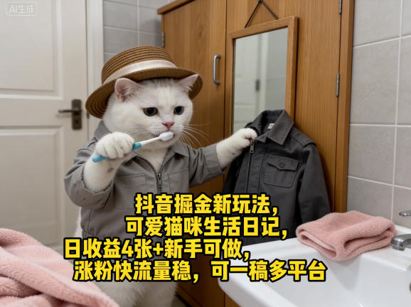 抖音掘金新玩法，可爱猫咪生活日记，日收益4张+新手可做，涨粉快流量稳，可一稿多平台-985网创