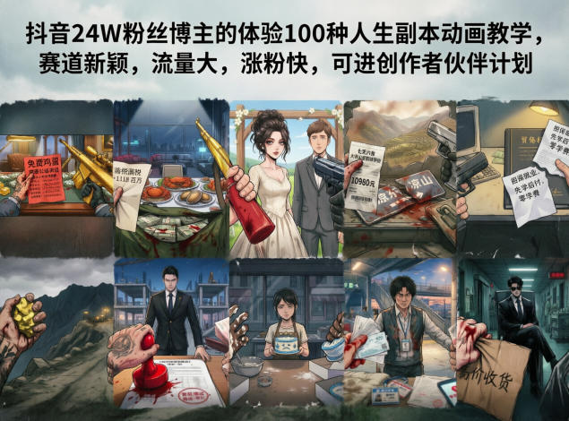抖音24W粉丝博主的体验100种人生副本动画教学，赛道新颖，流量大，涨粉快，可进创作者伙伴计划-985网创