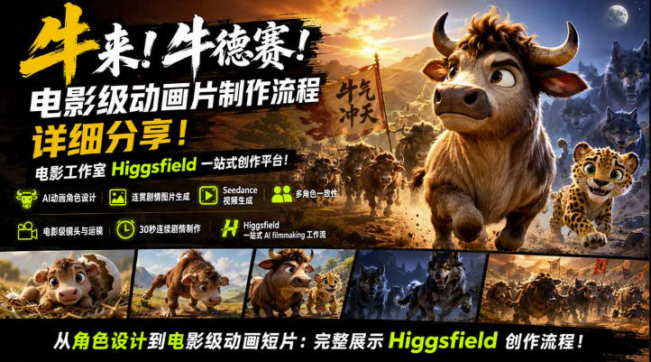 牛来！牛德赛！电影级动画片制作流程详细分享！电影工作室Higgsfield一站式创作平台，完整创作流程-985网创