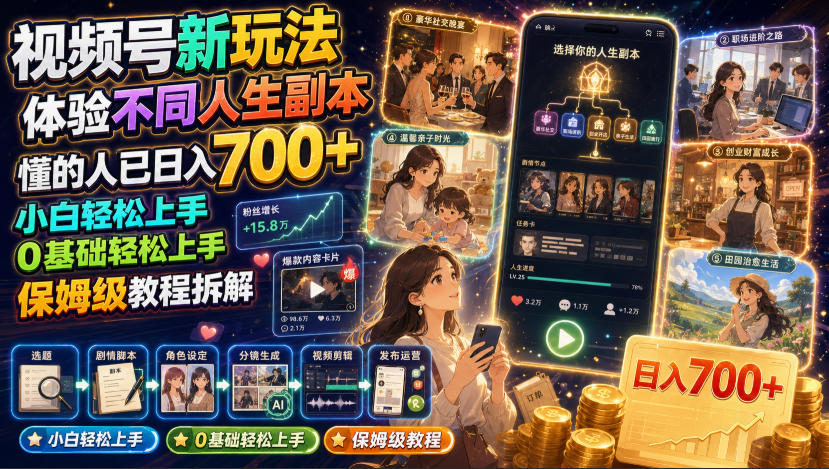视频号新玩法体验不同人生副本，懂的人已日入700+，小白轻松上手，0基础轻松上手，保姆级教程拆解-985网创