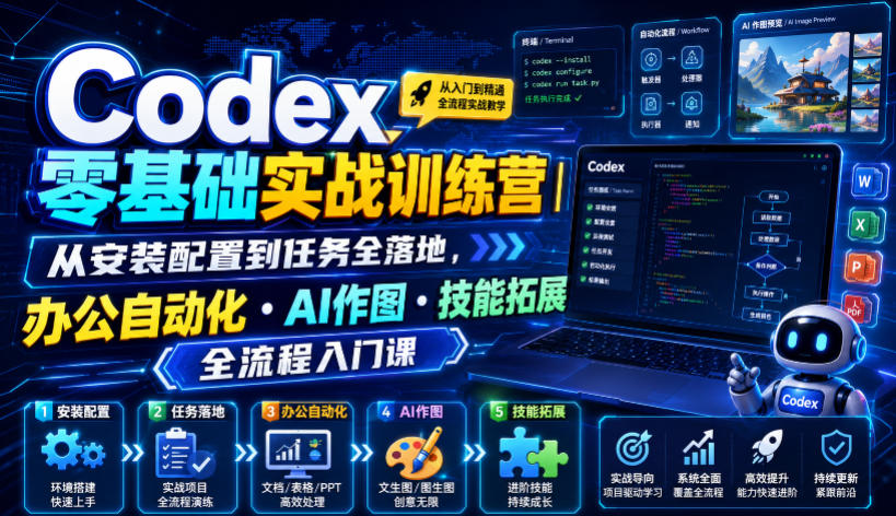 Codex零基础实战训练营｜从安装配置到任务全落地，办公自动化・AI作图・技能拓展全流程入门课-985网创