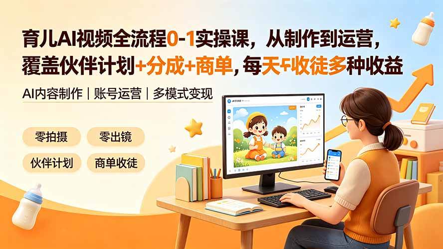 （19236期）育儿AI视频全流程0-1实操课，从制作到运营，覆盖伙伴计划+分成+商单+收徒多种收益，每天500+收益-985网创