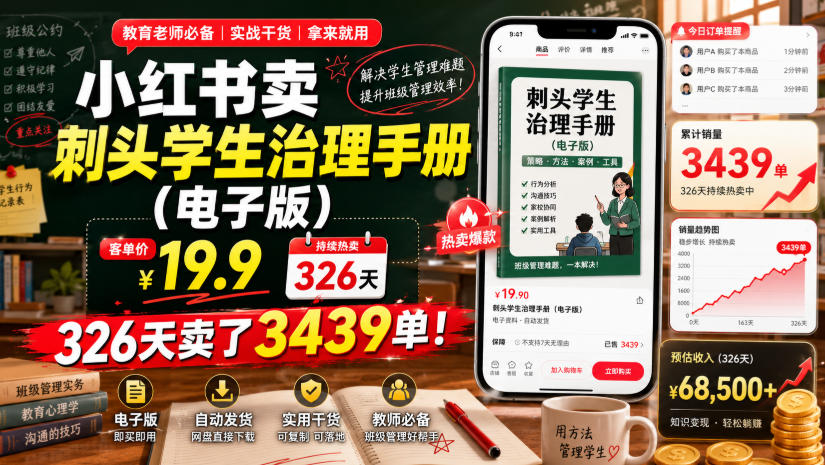 小红书卖刺头学生治理手册（电子版），客单价19.9，326天卖了3439单！-985网创
