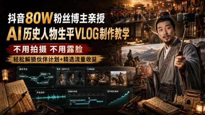 抖音80W粉丝博主的AI历史人物生平VLOG教学，不用拍摄不用露脸，AI帮你搞定，轻松解锁伙伴计划+精选收益-985网创