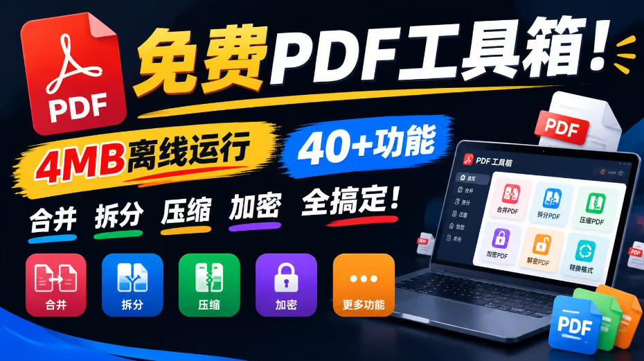 免费PDF工具箱！4MB离线运行，40+功能，合并拆分压缩加密全搞定！-985网创
