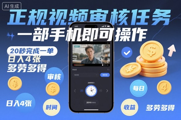 正规视频审核任务，一部手机即可操作，20秒完成一单，日入4张，多劳多得【揭秘】-985网创