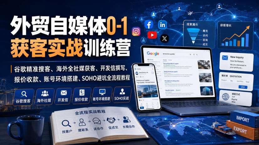 外贸自媒体0-1获客实战训练营｜谷歌精准搜客、海外全社媒获客、开发信撰写、报价收款、账号环境搭建、SOHO避坑全流程教程(更新)-985网创