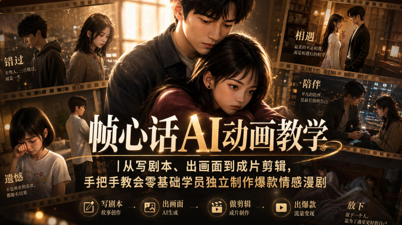 帧心话AI动画教学｜从写剧本、出画面到成片剪辑，手把手教会零基础学员独立制作爆款情感漫剧-985网创