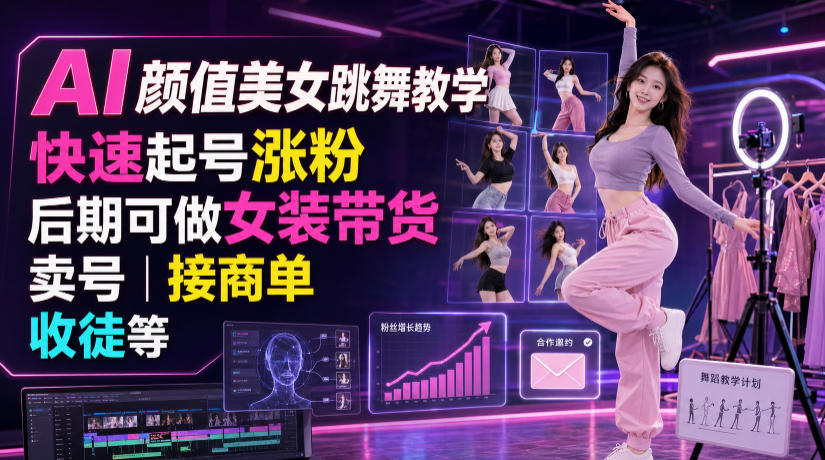 AI颜值美女跳舞教学，快速起号涨粉，后期可做女装带货，卖号，接商单，收徒等-985网创