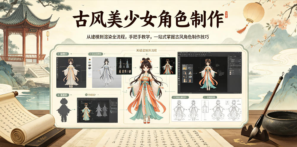 古风美少女角色制作，从建模到渲染全流程，手把手教学，一站式掌握古风角色制作技巧-985网创