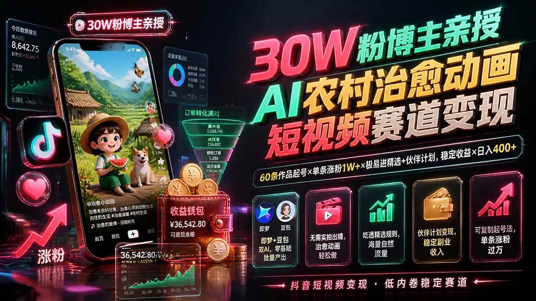 （19648期）30W粉博主亲授AI农村治愈动画短视频赛道变现：60条作品起号&times;单条涨粉1W+&times;极易进精选+伙伴计划，稳定收益&times;日入400+