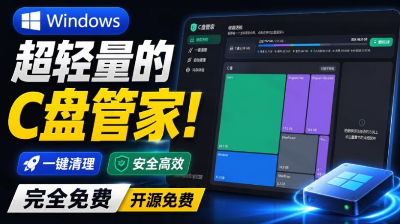 Windows超轻量的C盘管家！超级有特点，支持磁盘分析及清理提醒，2M大小体积，完全免费C盘管家-985网创