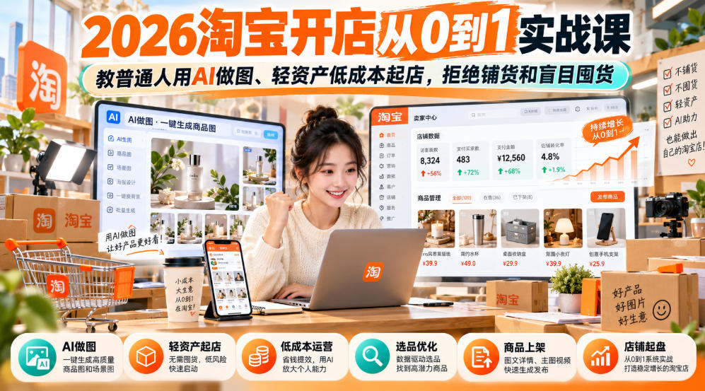 2026淘宝开店从0到1实战课，教普通人用AI做图、轻资产低成本起店，拒绝铺货和盲目囤货-985网创