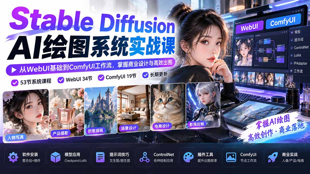 【无水印】Stable Diffusion AI绘图系统实战课：从WebUI基础到ComfyUI工作流，掌握商业设计与高效出图-985网创