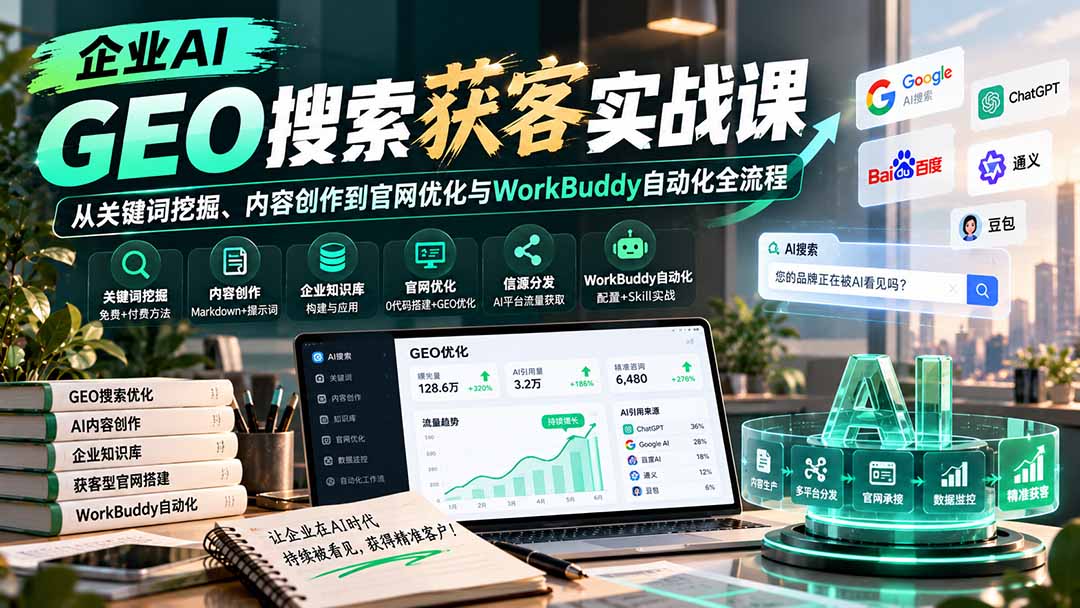 企业AI GEO搜索获客实战课：从关键词挖掘、内容创作到官网优化与WorkBuddy自动化全流程-985网创