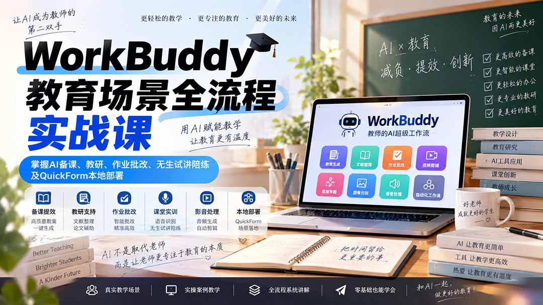 WorkBuddy教育场景全流程实战课：掌握AI备课、教研、作业批改、无生试讲陪练及QuickForm本地部署-985网创