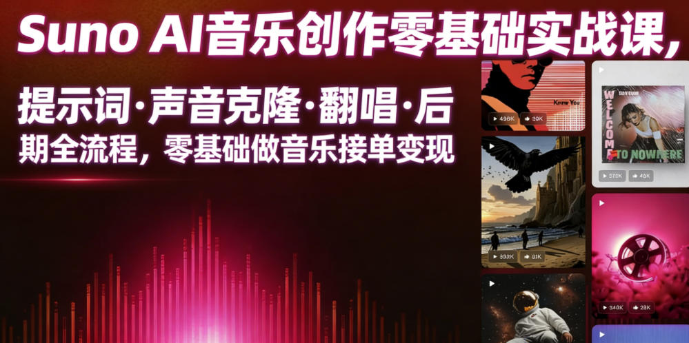 Suno AI音乐创作实战课，提示词・声音克隆・翻唱・后期全流程，零基础做音乐接单变现-985网创
