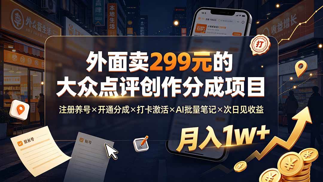（19488期）外面卖299元的大众点评创作分成项目：注册养号×开通分成×打卡激活×AI批量笔记×次日见收益，月入1w+-985网创
