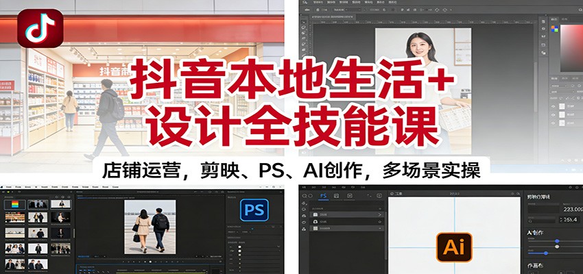 抖音本地生活+设计全技能课：店铺运营，剪映、PS、AI创作，多场景实操-985网创
