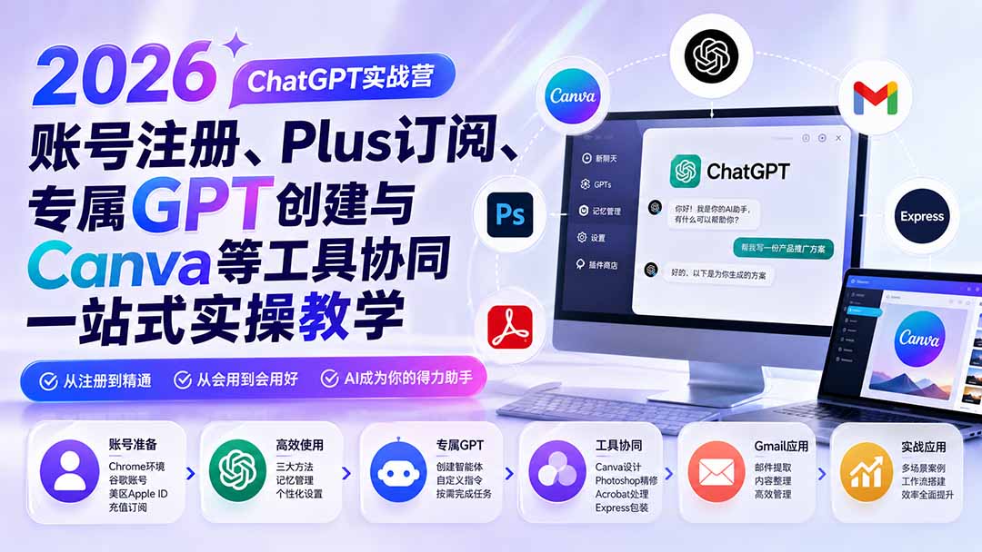2026 ChatGPT实战营；账号注册、Plus订阅、专属GPT创建与Canva等工具协同一站式实操教学-985网创