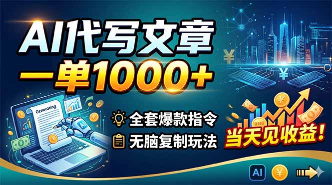 AI代写文章，一单1000+，全套爆款指令+无脑复制玩法，当天见收益！-985网创
