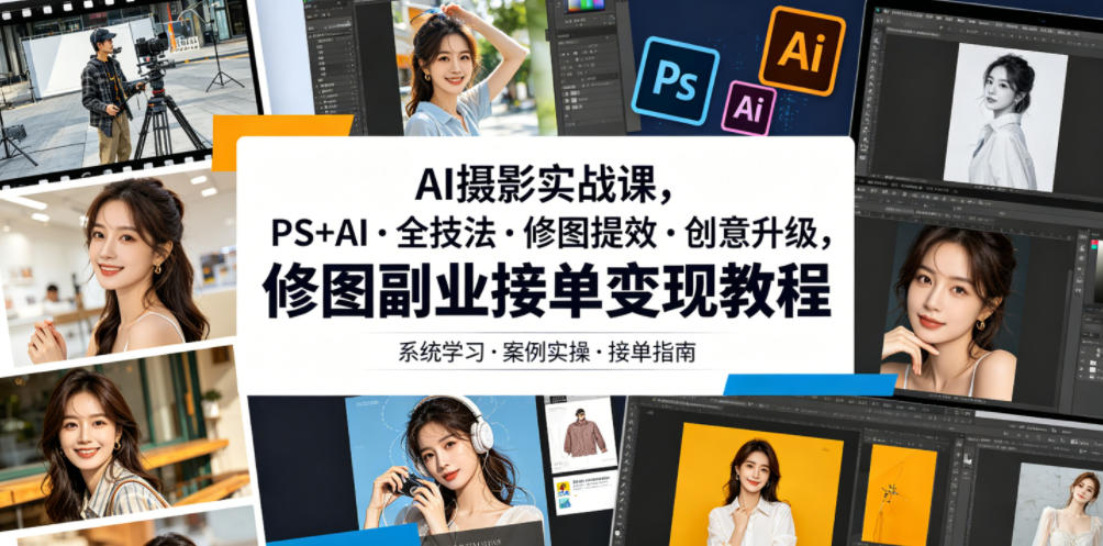 AI摄影实战课，PS+AI・全技法・修图提效・创意升级，修图副业接单变现教程-985网创