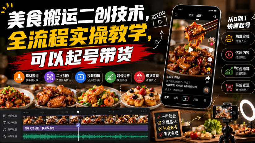 美食搬运二创技术，全流程实操教学，可以起号带货-985网创