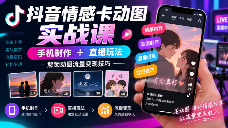 抖音情感卡动图实战课｜手机制作+直播玩法，解锁动图流量变现技巧-985网创