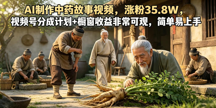 AI制作中药故事视频，涨粉35.8W，视频号分成计划+橱窗收益非常可观，简单易上手-985网创