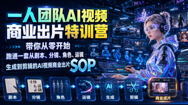 一人团队AI视频商业出片实战课：带你从零开始跑通一套从剧本、分镜、角色、运镜、生成到剪辑的AI视频商业出片SOP-985网创