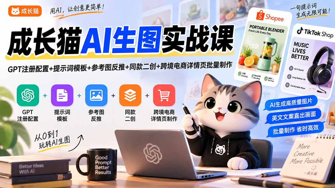 成长猫AI生图实战课｜GPT注册配置+提示词模板+参考图反推+同款二创+跨境电商详情页批量制作-985网创