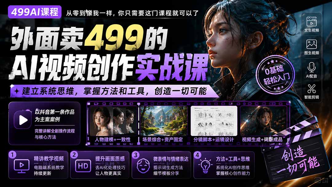 外面卖499的AI视频创作实战课：建立系统思维，掌握方法和工具，创造一切可能。-985网创