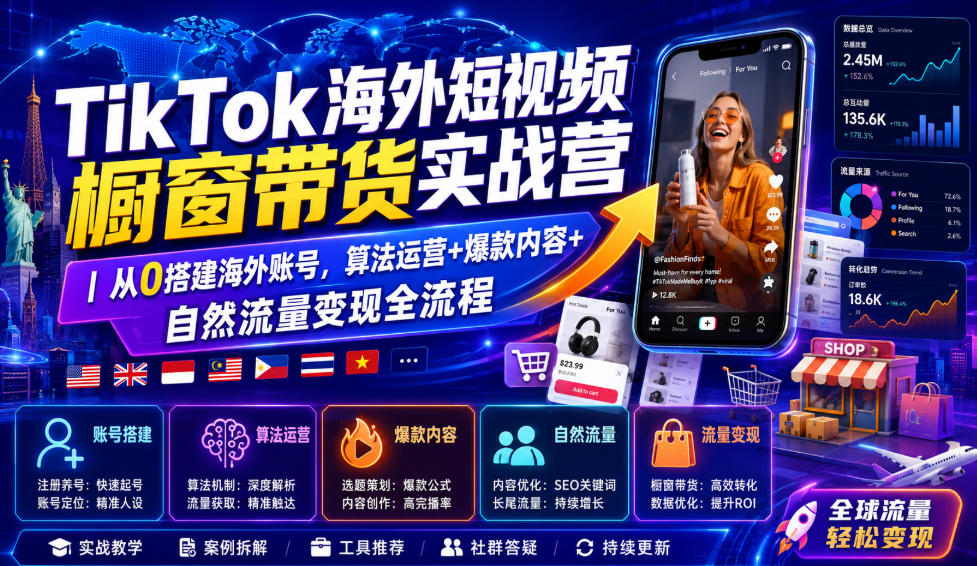 TikTok海外短视频橱窗带货实战营｜从0搭建海外账号，算法运营+爆款内容+自然流量变现全流程-985网创