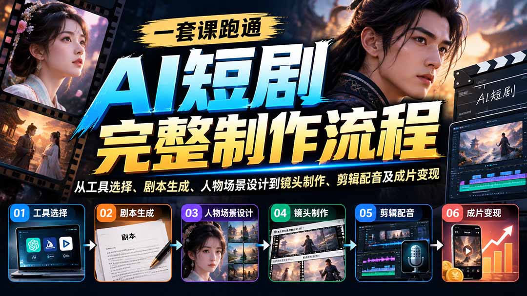 一套课跑通AI短剧完整制作流程：从工具选择、剧本生成、人物场景设计到镜头制作、剪辑配音及成片变现-985网创
