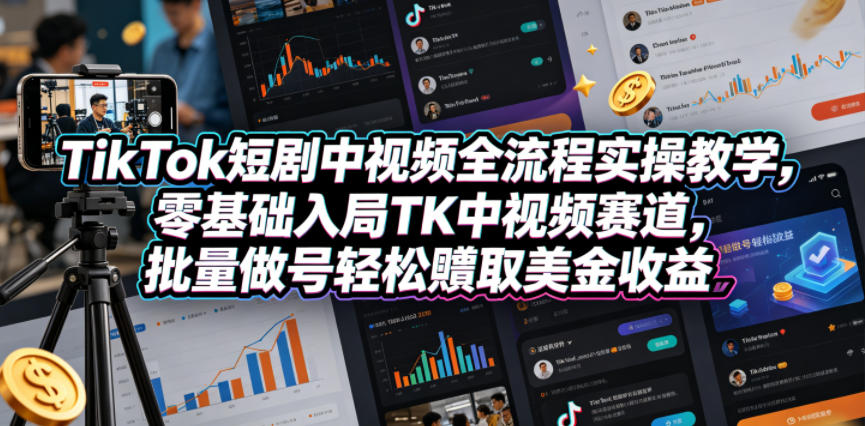 TikTok短剧中视频全流程实操教学，零基础入局TK中视频赛道，批量做号轻松賺取美金收益-985网创