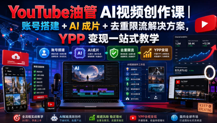 YouTube油管AI视频创作课｜账号搭建+AI成片+去重限流解决方案，YPP变现一站式教学(更新0809)-985网创