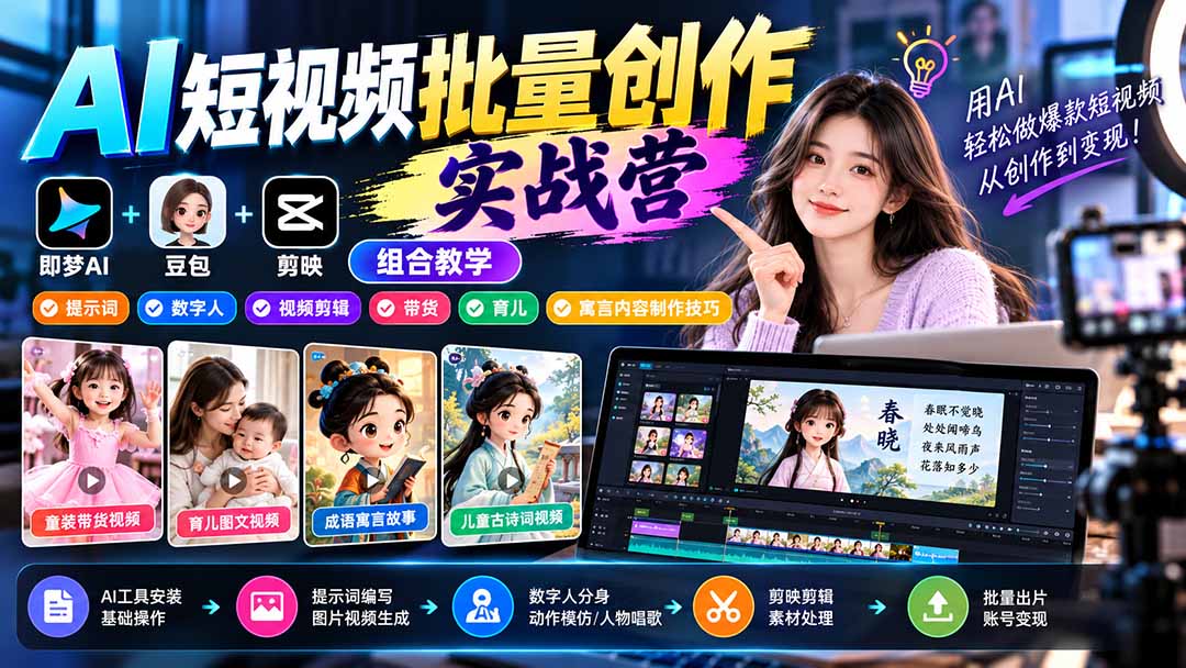 【无水印】AI短视频批量创作实战营：即梦+豆包+剪映组合教学，提示词/数字人/视频剪辑/带货/育儿/寓言内容制作技巧-985网创